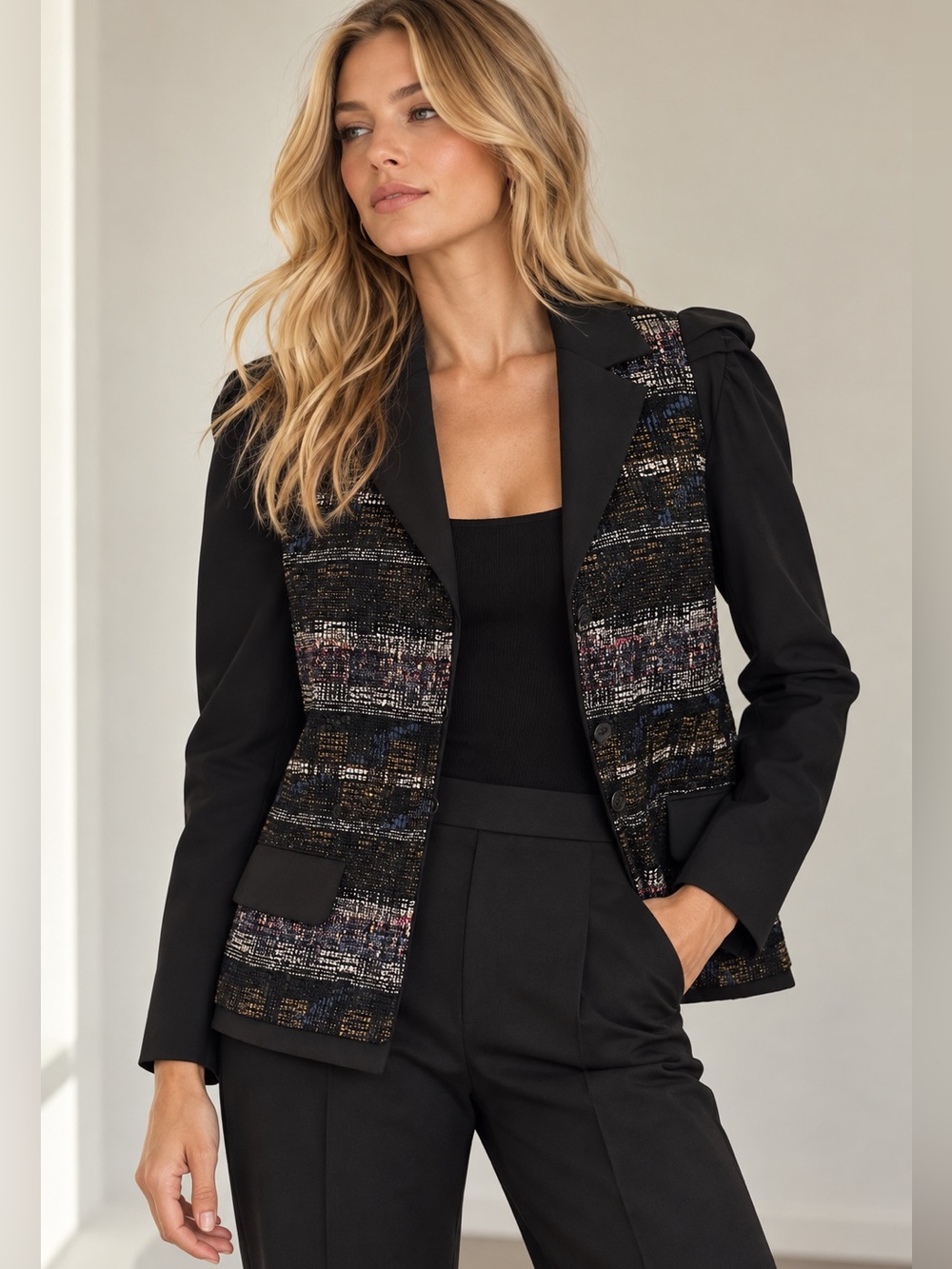 Lida Baday Wool Silk Tweed Blazer Jacket Black Size 8